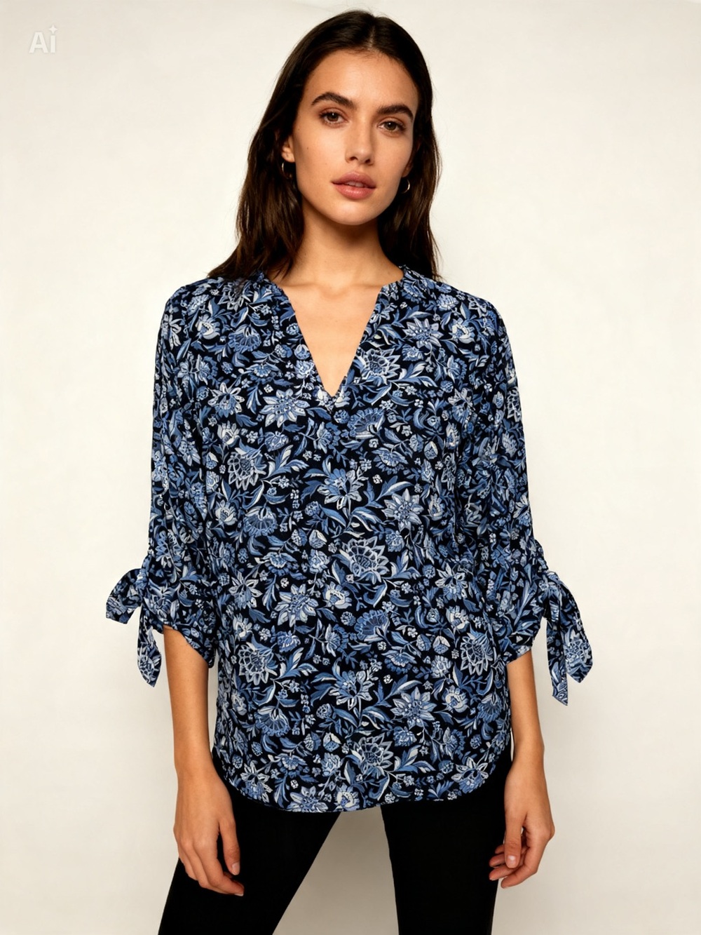 ✨Michael Kors Blue Floral Tie Sleeve Split-Neck Blouse Size S